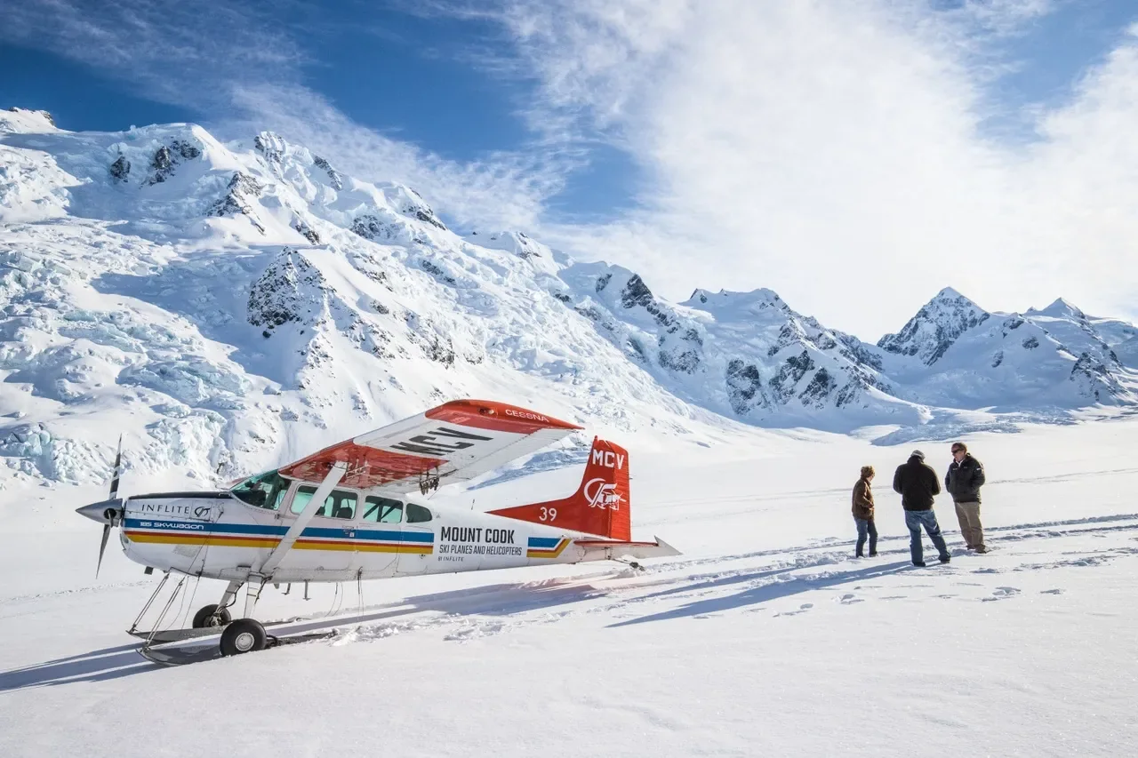 Aircraft on glacier ice near Aoraki Mount Cook