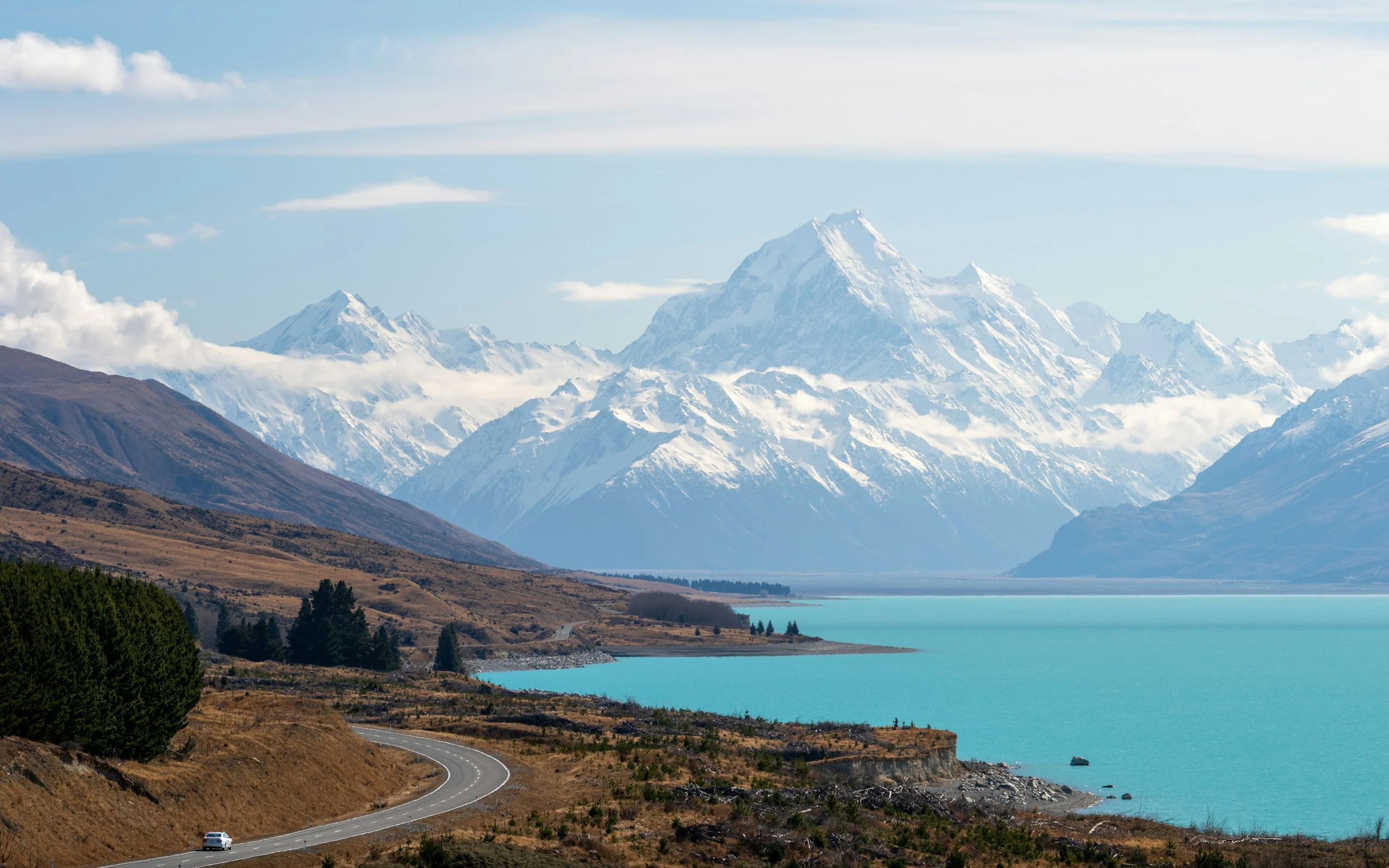 Aoraki Mount Cook rising beyond Lake Pukaki and the Southern Alps